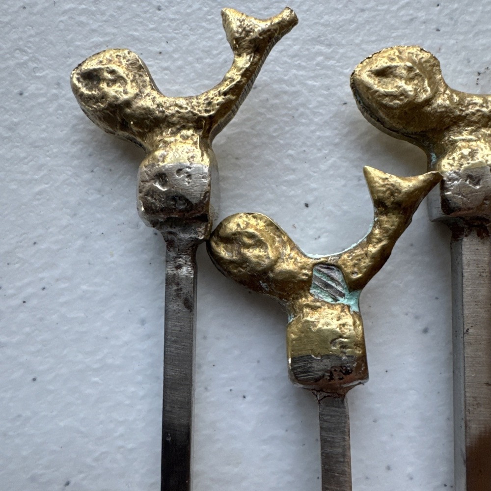 Vintage Turkish Kebob Skewers Fish Whale Nautical Brass Stainless Steel 13" Set - Picture 3 of 9